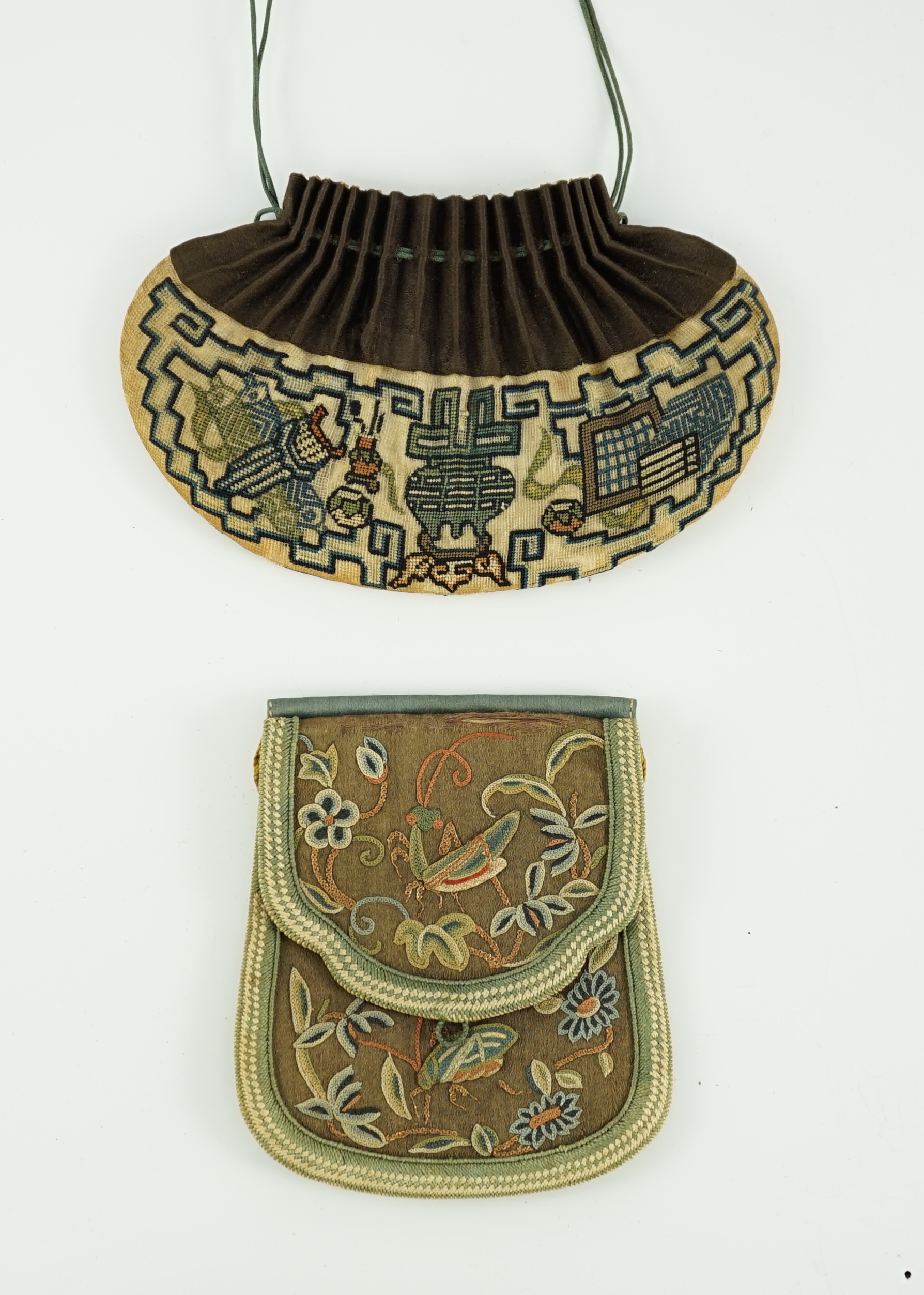 Two Chinese embroidered silk purses, 19th century